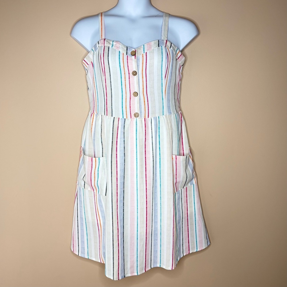 Spirit of Grace Striped Sun Dress Women Large Button Pockets Coastal Boho Beachy